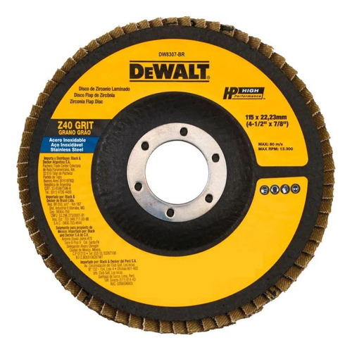 Disco Flap 4.1/2 Gr 40 Dewalt Fibra - Dw8307-ar Cor Preto e amarelo