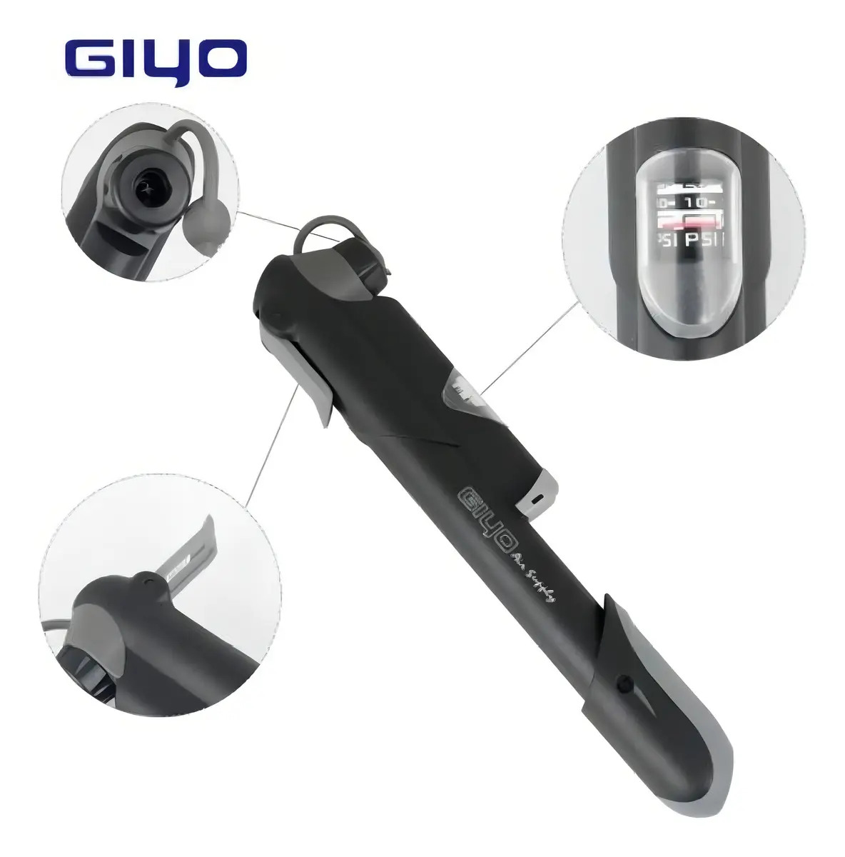 Mini Bomba Giyo GP41 Bike Pump Manômetro Bico Fino E Grosso Cor Preto