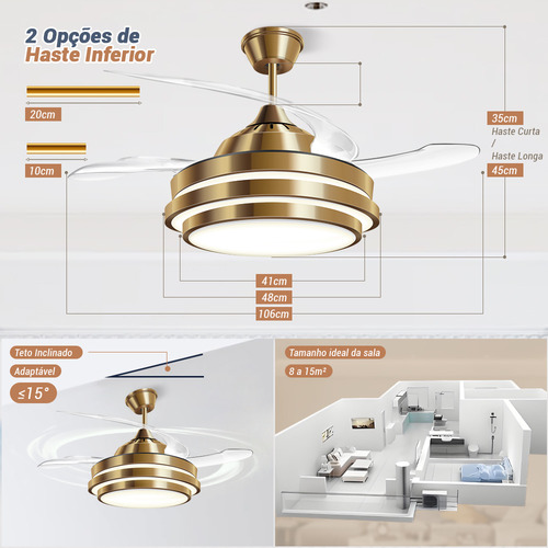 Ventilador Teto Retrátil C/ Controle Led Multicolor 106cm