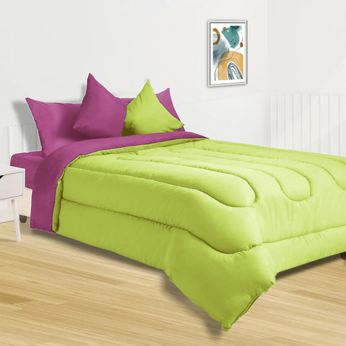 Acolchado De 2 1/2pl. Reversible Directo De Fabrica Color Verde/fucsia