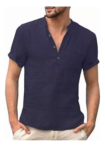 Camisas Cuello Mao Lino Hombre Casual Manga Corto Slim Fit