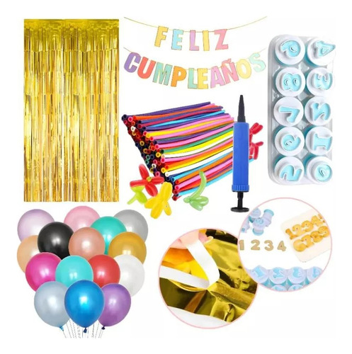 Kit Set Fiesta De Cumpleaños Globos Cortina Cortadores