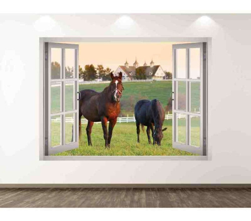 Vinilo Ventana 3d Cabalos Paisaje Decorativo