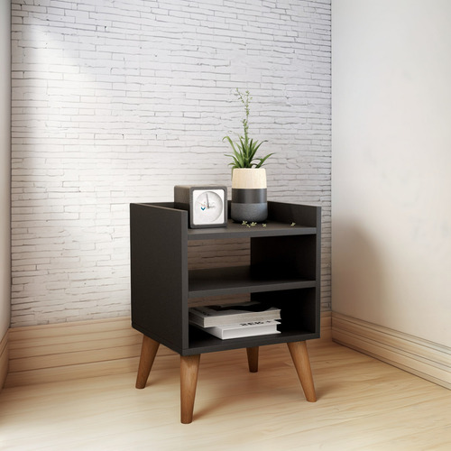 Mesa De Cabeceira Mesinha Canto Retro Pé Palito Madeira Acabamento Fosco Cor Preto