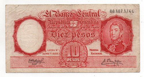 Billete Argentina 10 Pesos Moneda Nacional Bottero 1971