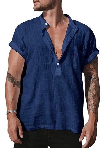 Camisa De Hombre Con Cuello En V Algodón Lino Juven