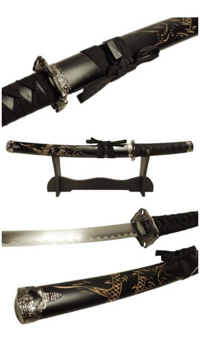 Espada Katana Tanto Bainha Dragão Samurai Aço Suporte Brinde