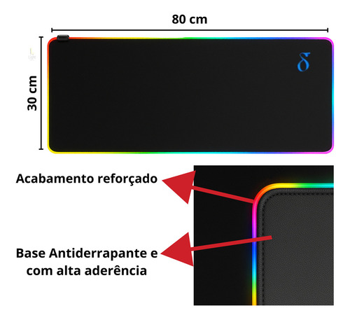 .mousepad Gamer Grande Com Led Rgb 80x30cm Antiderrapante.