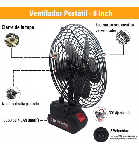 Ventilador Portátil Inalámbrico ZL-FSD001 8'' Negro