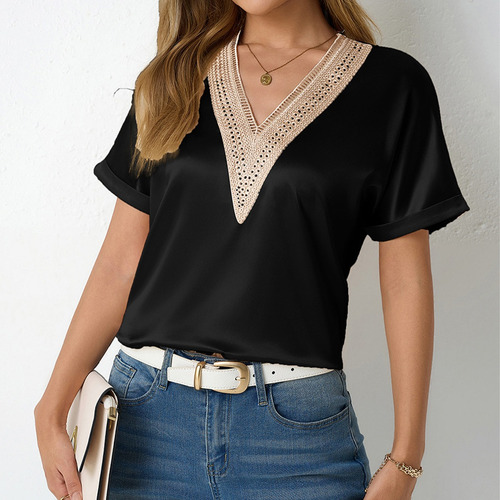 Blusa Moda Casual De Encaje Con Cuello En V Para Mujer