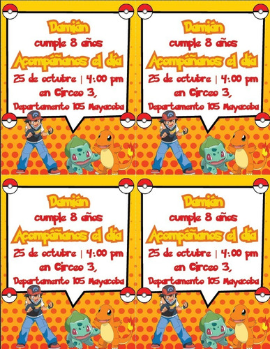 Invitación Personalizada Impresa En 1/4 De Hoja De Pokemon