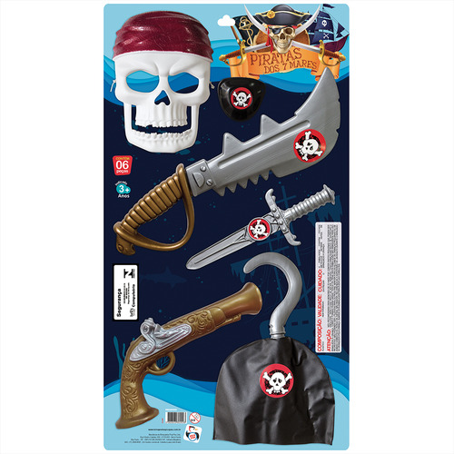 Conjunto Piratas 7 Mares Espada Máscara Gancho E Acessórios
