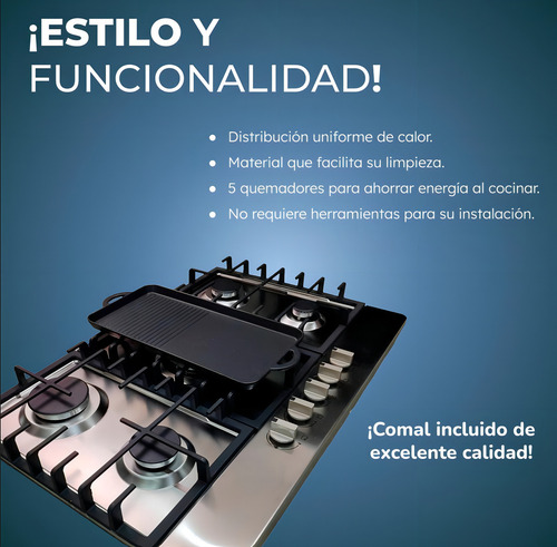 Parrilla Estufa Con Comal 5 Quemadores Acero Inox Shorbull Plateado