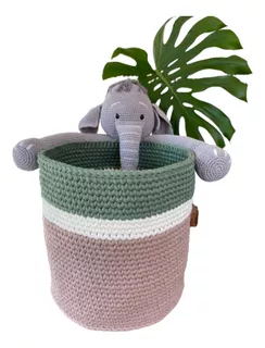 Cesto Fio De Malha Com Bichinho Elefante Amigurumi Em Crochê