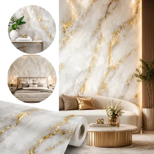 Papel De Parede Mármore Dourado Autocolante Lavável 5metros Dourado