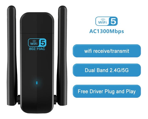 Adaptador Dual-band Wi-fi 1300mbps 5dbi Usb 3.0 Para Windows