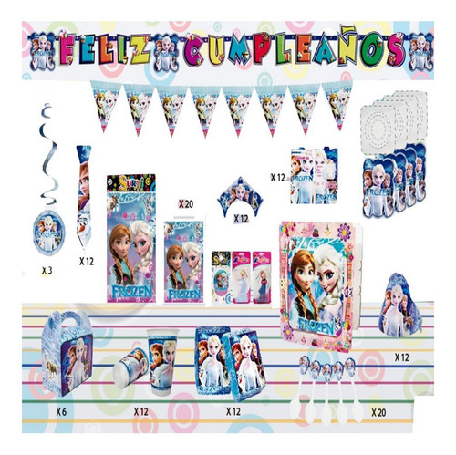 Set Kit Decoración Niñas Fiesta Frozen 36 Invitados + Regalo