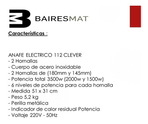 Imagen 4 de 6 de Anafe Electrico Clever 2 Hornallas 3500w Cocina Acero Inox