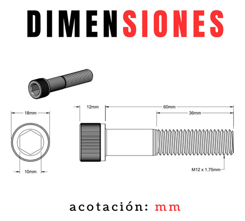 Tornillo Allen Cabeza Cilindro Mm 12 X 60 Bolsa 20 Piezas