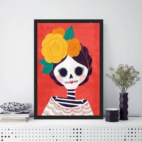 Quadro Caveirinha Mexicana Feminina 45x34cm Moldura Preta