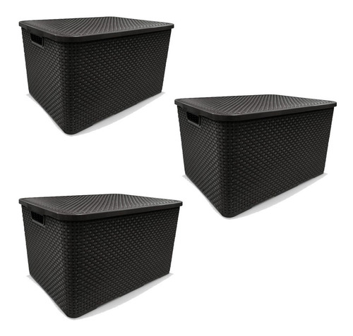 Kit 3 - Caja organizadora de plástico con tapa de ratán (15 l), color negro