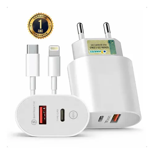 Carregador Turbo 40w Duplo Usb Tipo C Compatível Com iPhone 8 11 ...