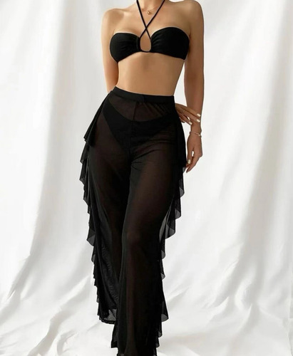 Bikini De Tres Piezas De Malla De Color Liso Con Tanga Divid