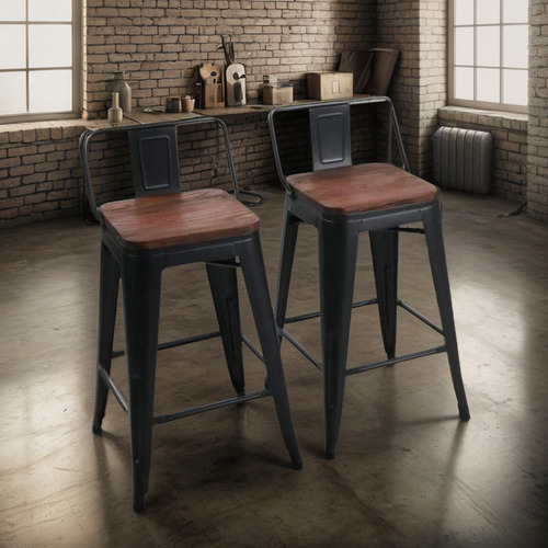 Pack De 2 Taburetes Tolix 66cm Con Madera Oscura