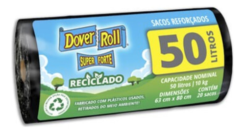 Saco de Lixo Super Forte Preto Reciclado 50 Litros Dover Roll com 30 unidades