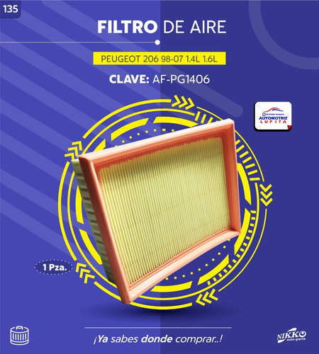 Filtro Aire Peugeot 206 Modelos 98-07 Motores 1.4l 1.6l Nikk