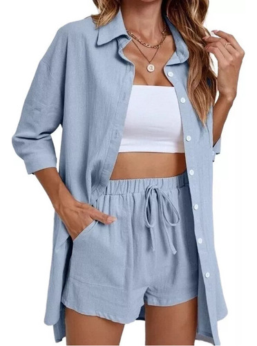 Pantalones Cortos Conjunto Camisa Moda Casual Playa Mujernew