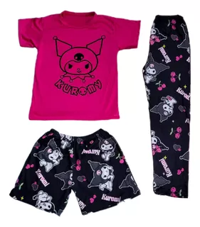 Pijama De Kuromi Hello Kitty Para Niña 3 Piezas Manga Corta