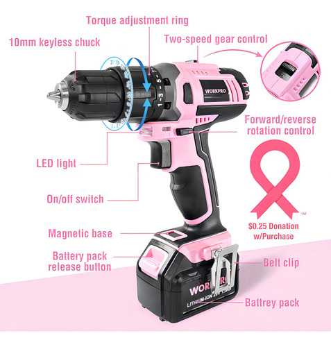 Taladro Inalámbrico Workpro 20v, Kit Completo Rosa, 1500 Rpm Color Rosa Frecuencia 60hz