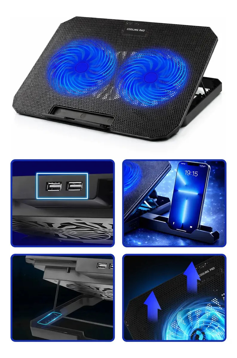 Base Suporte Para Pc Notebook Alumínio Portátil Articulado Dobrável Tablet Laptop Mesa Davely Cor Preto Com Ventoinhas