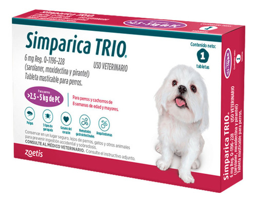 Simparica Trio Antipulgas Para Perros 2.6 A 5 Kg X 1 Tab