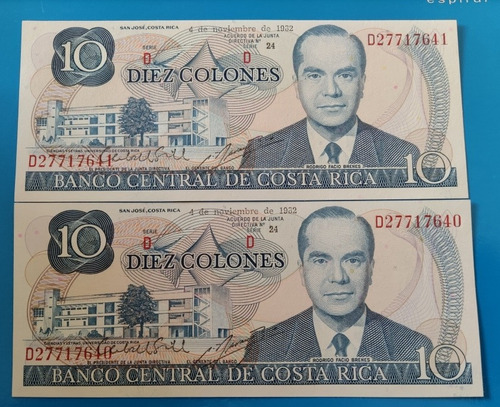 Billetes De 10 Colones De 1982, 2 Pz, Nuevos.