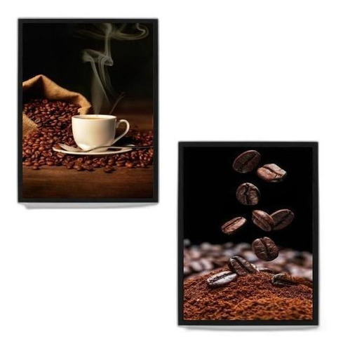 Kit 2 Quadros Fotografia Grãos De Café 45x34cm Madeira Preta