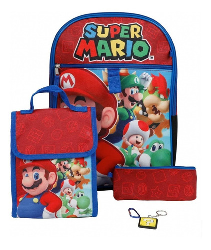 Mochila Escolar Grande Niño Super Mario Bros Incluye Lapicera Lonchera Y Llavero Color Rojo