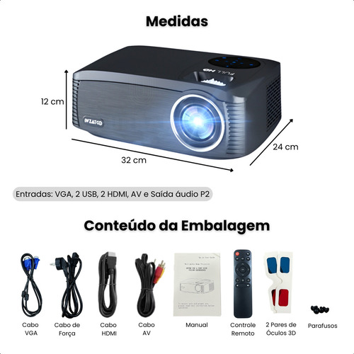 Data Show 7000 Lumens Tela Até 150 Polegadas Hdmi E Usb Cor Preto