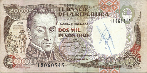 Colombia 2000 Pesos Oro 17 Diciembre 1990