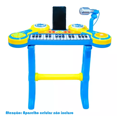 TECLADO PIANO INFANTIL MICROFONE BANQUINHO LUZ SOM - MC18059