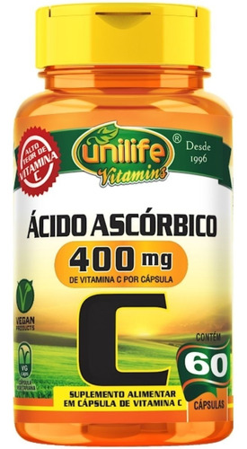 Vitamina C Ácido Ascórbico 500mg 60 Cáps - Unilife