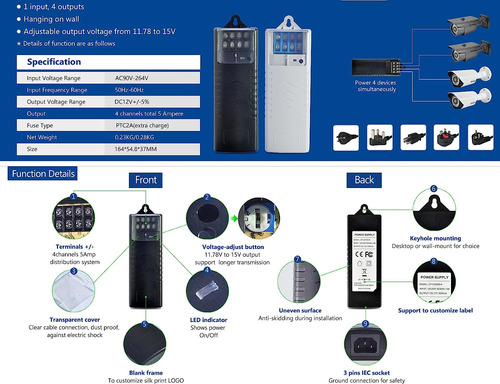 4 Canales Cctv Cámara Fuente De Alimentación 5 Amp Distribuc