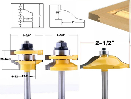 Set Juego 3 Fresas Replanado Vástago 1/4 Tupi Router 