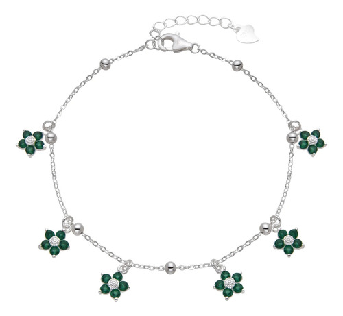 Pulsera Flores Piedritas Plata 925 Mujer Regalo Verde 21 Cm