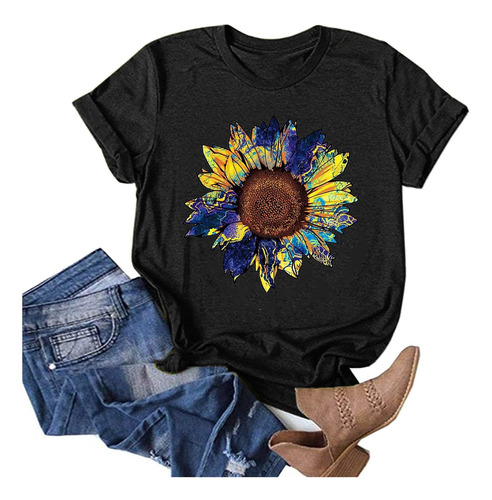 Camiseta Manga Corta Para Mujer Verano Girasol Cuello Moda