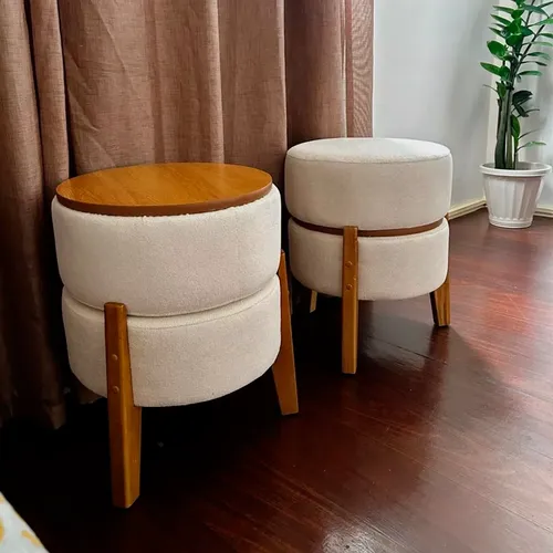 Pufe Mesa Tecido Bouclê 45x38cm Porta Copos Estofado Redondo Bouclê Cru