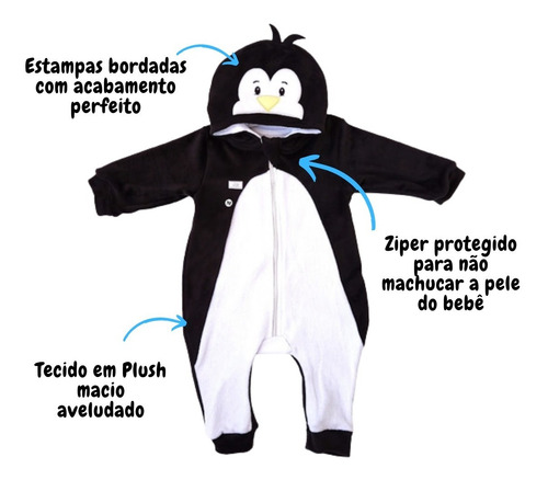 Imagem 3 de 8 de Macacão Para Bebê Pinguim Plush Com Ziper E Capuz Bichinhos