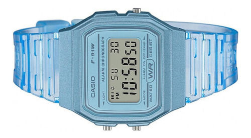 Imagen 2 de 2 de Reloj pulsera Casio Collection F-91 de cuerpo color celeste, digital, fondo gris, con correa de resina color transparente y celeste, dial negro, minutero/segundero negro, bisel color celeste y hebilla simple