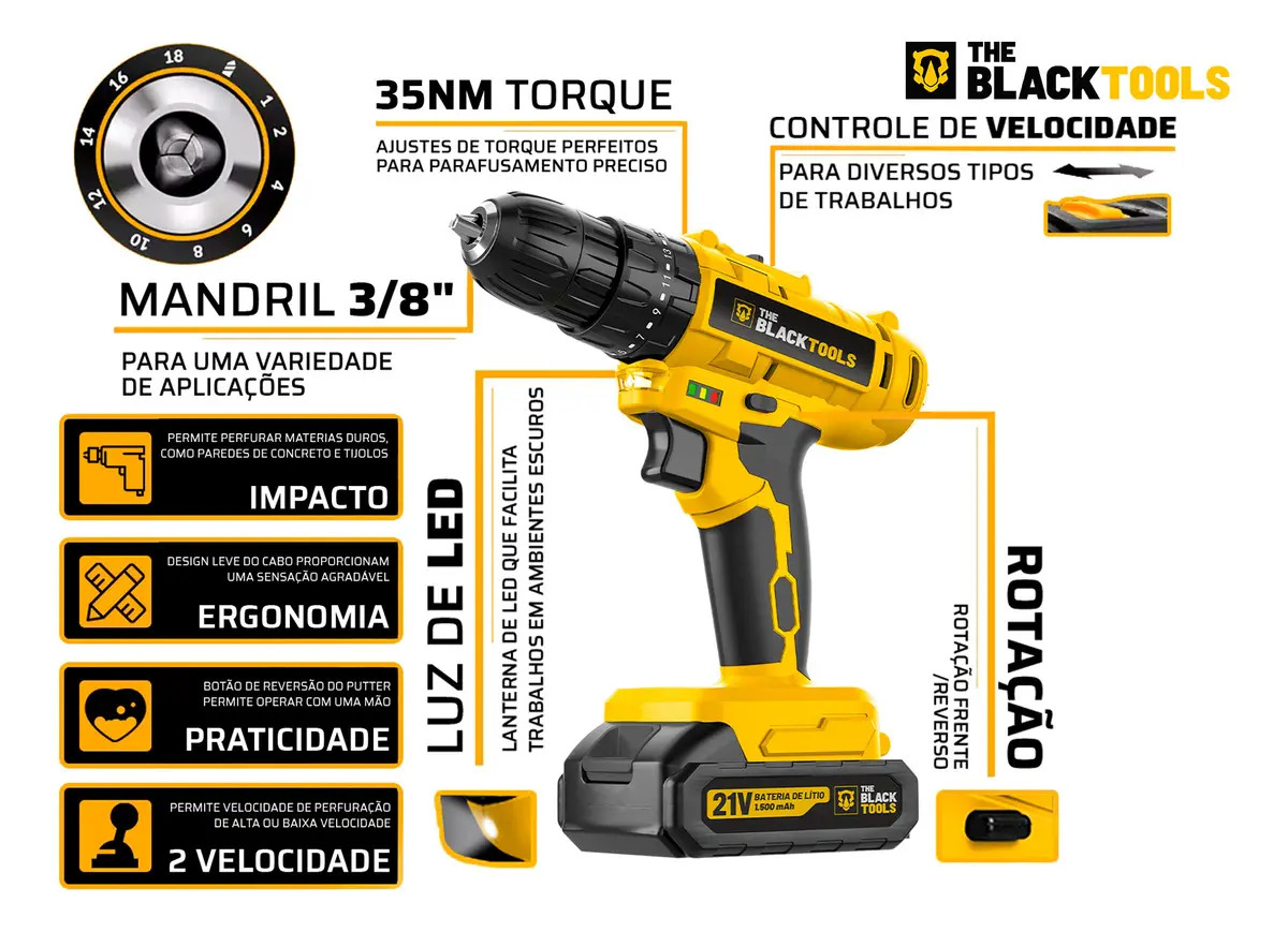 Parafusadeira Furadeira De Impacto A Bateria 21V 3/8” Bivolt 1400 Rpm Com Acessórios E Maleta TB... 2